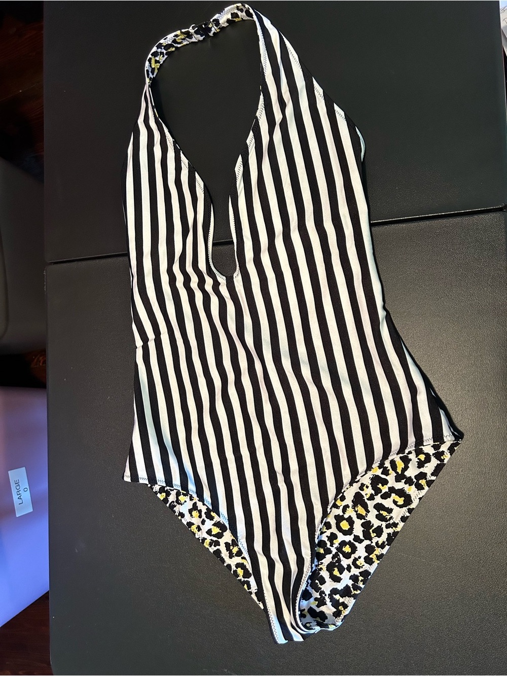 Volcom black and white striped one piece swimsuit reversible leopard large
